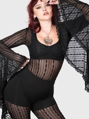 Killstar Lorelena Black Lace Bell-Sleeve Bodysuit